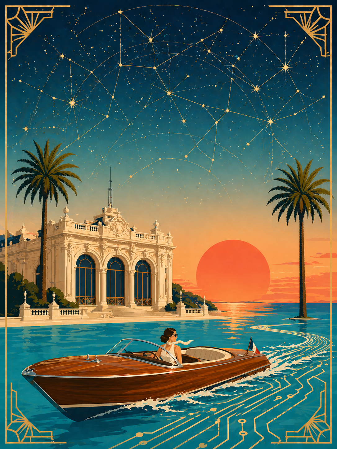 Affiche French RivierIA — Riva sur la Méditerranée au crépuscule, casino Belle Époque, ciel-constellation neuronale Art Déco